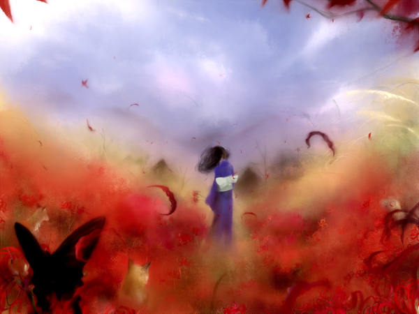 Anime picture 1200x900 with original sati (sati1111) single long hair black hair sky cloud (clouds) japanese clothes from behind back girl flower (flowers) plant (plants) animal insect butterfly higanbana fox