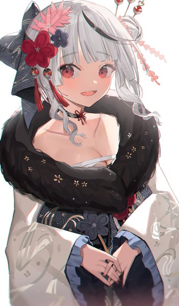 Anime picture 2445x4182 with virtual youtuber hololive sakamata chloe sakamata chloe (new year) gurina single long hair tall image looking at viewer highres breasts open mouth simple background red eyes white background cleavage silver hair traditional clothes :d japanese clothes