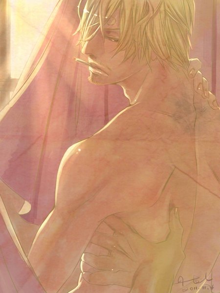 Anime picture 1050x1400 with one piece toei animation sanji hel single tall image fringe short hair blue eyes light erotic blonde hair bare shoulders signed looking back from behind sunlight hair over one eye mouth hold back topless