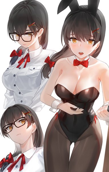 Anime picture 766x1200 with original kfr long hair tall image looking at viewer blush fringe breasts open mouth light erotic black hair simple background hair between eyes large breasts white background bare shoulders animal ears yellow eyes looking away cleavage