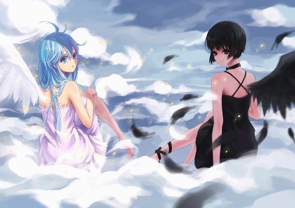 Anime picture 800x565 with denpa onna to seishun otoko shaft (studio) touwa erio maekawa windyakuma long hair looking at viewer fringe short hair open mouth blue eyes black hair smile hair between eyes sitting multiple girls blue hair cloud (clouds) ahoge bent knee (knees)