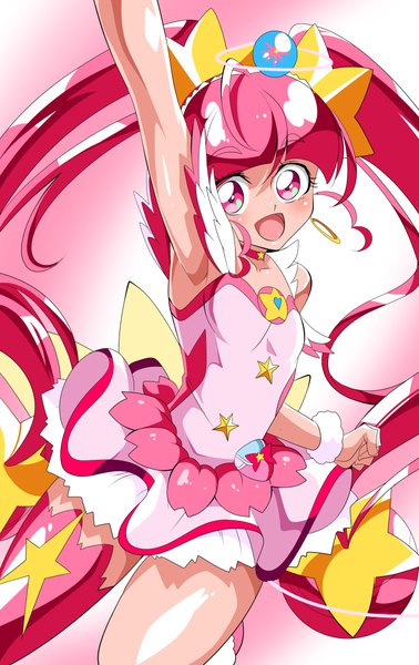 Anime picture 724x1148 with precure star twinkle precure toei animation hoshina hikaru cure star warabimochii single long hair tall image blush fringe open mouth simple background smile standing twintails pink hair blunt bangs :d pink eyes