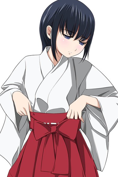 Anime picture 800x1200 with original matsunaga kouyou single long hair tall image blue eyes black hair white background looking away traditional clothes japanese clothes miko girl