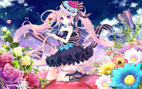 Anime picture 1200x750 with original e-nya single looking at viewer blush open mouth purple eyes twintails pink hair sky cloud (clouds) very long hair girl dress gloves flower (flowers) petals boots frills