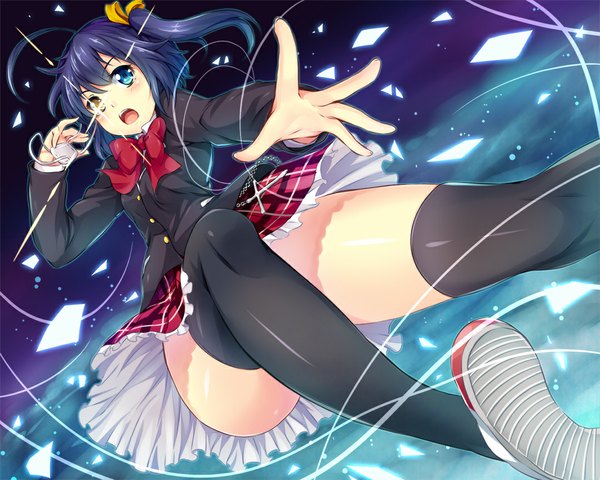 Anime picture 1080x864 with chuunibyou demo koi ga shitai! kyoto animation takanashi rikka hinata sora blush short hair open mouth blue hair ahoge heterochromia one side up plaid skirt girl thighhighs skirt uniform black thighhighs school uniform miniskirt