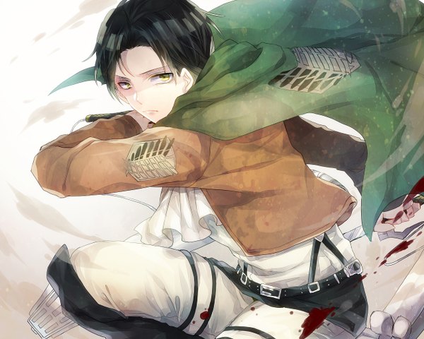 Anime picture 1280x1024 with shingeki no kyojin production i.g levi (rivaille) toa (sarara23) single looking at viewer short hair black hair yellow eyes fighting stance boy uniform weapon shirt sword jacket white shirt blood cape knee boots