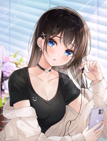 Anime picture 2403x3162 with original apple inc. lebring single long hair tall image looking at viewer blush fringe highres breasts open mouth blue eyes black hair payot cleavage upper body indoors long sleeves nail polish