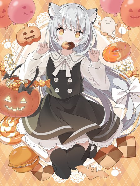 Anime picture 1126x1500 with original tantan men (dragon) single long hair tall image looking at viewer blush holding animal ears yellow eyes silver hair mouth hold halloween jumping food in mouth checkerboard cookie girl thighhighs black thighhighs food