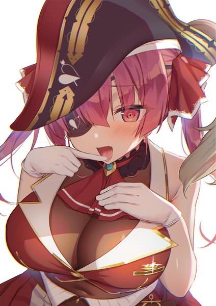 Anime picture 1447x2046 with virtual youtuber hololive houshou marine houshou marine (1st costume) mintoaisu single long hair tall image fringe breasts open mouth light erotic simple background hair between eyes red eyes large breasts white background twintails upper body red hair