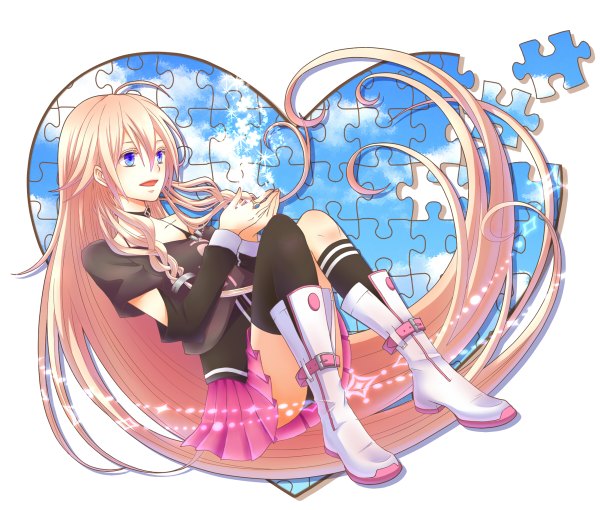 Anime picture 1200x1020 with vocaloid ia (vocaloid) single long hair open mouth blue eyes blonde hair girl thighhighs black thighhighs boots heart ring