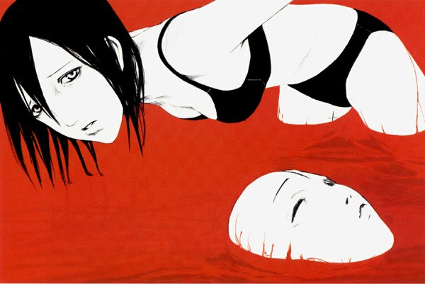 Anime picture 1074x718 with blame! sanakan nihei tsutomu single short hair light erotic black hair underwear only girl underwear blood mask