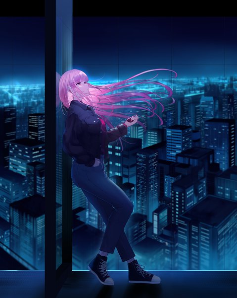 Anime picture 1568x1963 with virtual youtuber hololive hololive english mori calliope skymax single long hair tall image fringe standing holding looking away pink hair full body blunt bangs long sleeves parted lips profile pink eyes wind