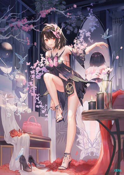 Anime picture 1132x1600 with original atdan single tall image looking at viewer fringe short hair breasts light erotic black hair smile red eyes large breasts standing bare shoulders signed full body bent knee (knees) parted lips high heels