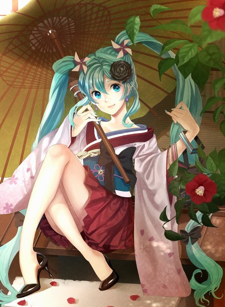 Anime picture 1000x1362 with vocaloid hatsune miku minami haruya single tall image fringe smile sitting twintails looking away very long hair nail polish traditional clothes japanese clothes hair flower aqua eyes fingernails lips aqua hair alternate costume