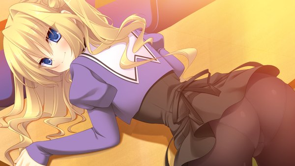 Anime picture 1280x720 with magical dears single long hair looking at viewer blush blue eyes light erotic blonde hair wide image game cg ass pantyshot girl dress skirt underwear panties miniskirt pantyhose