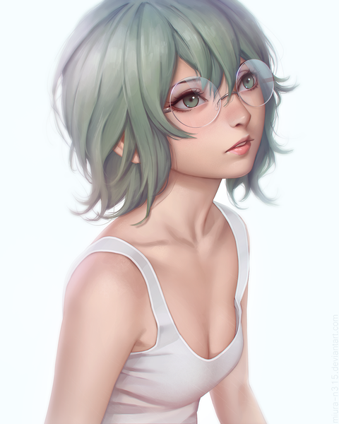 Anime picture 1200x1500 with tokyo ghoul studio pierrot eto (tokyo ghoul) miura-n315 single tall image fringe short hair breasts light erotic simple background hair between eyes white background green eyes looking away cleavage parted lips green hair realistic looking up