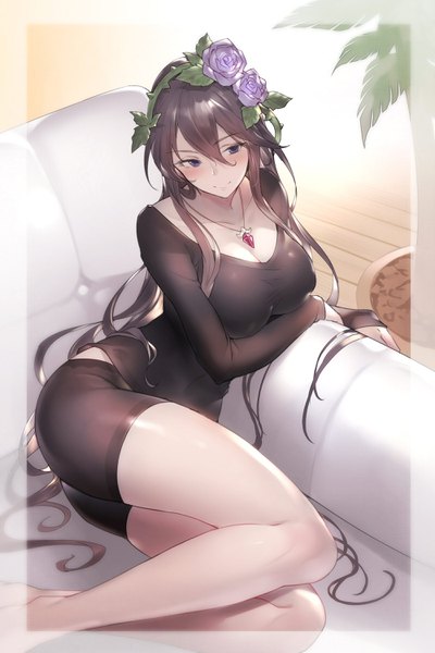 Anime picture 2000x3000 with granblue fantasy rosetta (granblue fantasy) kakage single long hair tall image blush fringe highres breasts light erotic black hair hair between eyes large breasts sitting purple eyes arm support border covered nipples long legs