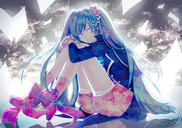 Anime picture 1200x848 with vocaloid hatsune miku single looking at viewer fringe red eyes sitting twintails very long hair profile light smile aqua hair alternate costume girl bow hair bow shoes shorts