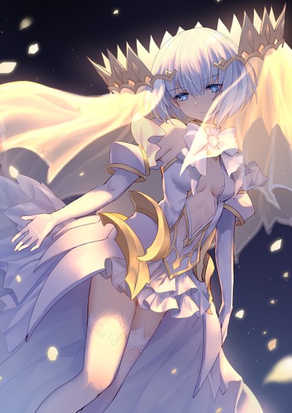 Anime picture 1000x1415 with date a live tobiichi origami bison cangshu single tall image fringe short hair breasts blue eyes light erotic simple background hair between eyes standing bare shoulders looking away white hair black background cleavage cutout girl thighhighs