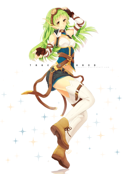 Anime picture 1400x1953 with vocaloid gumi rosuuri single long hair tall image simple background smile white background yellow eyes green hair pointy ears inscription girl thighhighs gloves white thighhighs shorts fingerless gloves