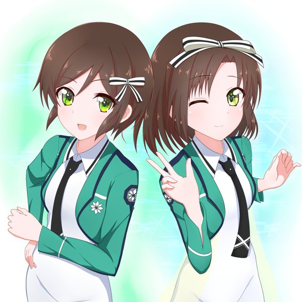 Anime picture 1080x1080 with mahouka koukou no rettousei saegusa izumi saegusa kasumi 213 looking at viewer blush fringe short hair open mouth simple background smile brown hair multiple girls green eyes payot upper body long sleeves :d one eye closed wink