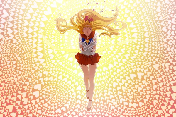 Anime picture 1600x1067 with bishoujo senshi sailor moon toei animation aino minako sailor venus skimlines single long hair blonde hair eyes closed pleated skirt wind crossed arms girl gloves bow hair bow earrings elbow gloves heart