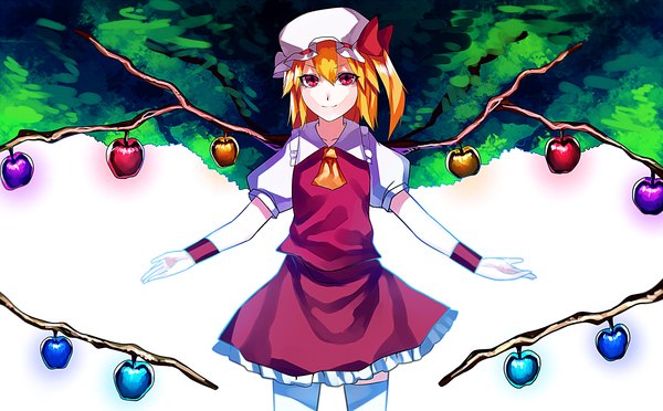 Anime picture 1500x930 with touhou flandre scarlet uu uu zan single looking at viewer short hair blonde hair red eyes wide image light smile one side up spread arms alternate wings girl thighhighs skirt white thighhighs wings bonnet skirt set