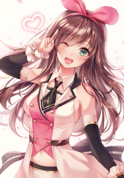 Anime picture 4185x6000 with virtual youtuber a.i. channel kizuna ai ttosom single long hair tall image looking at viewer blush fringe highres breasts open mouth simple background smile brown hair standing white background absurdres one eye closed