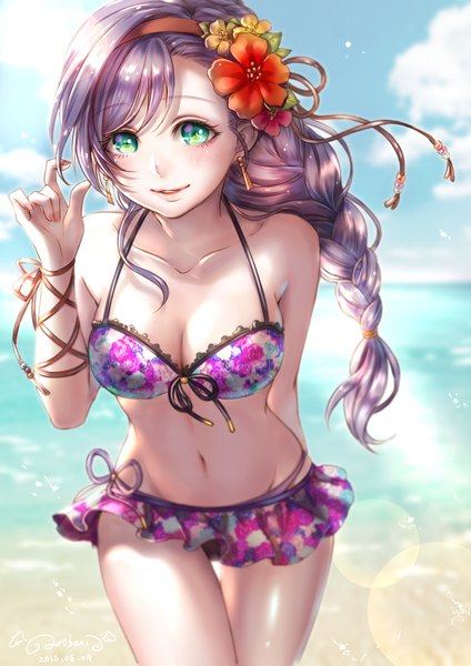 Anime picture 826x1169 with love live! school idol project sunrise (studio) love live! toujou nozomi ao+beni single long hair tall image looking at viewer blush breasts blue eyes light erotic smile sky cleavage purple hair cloud (clouds) braid (braids) hair flower