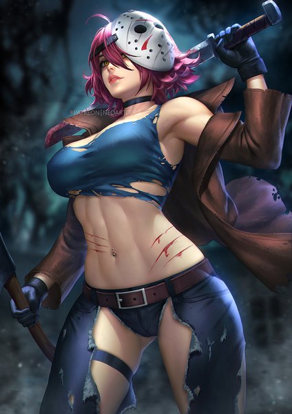 Anime-Bild 800x1132 mit friday the 13th jason vorhees nudtawut thongmai single tall image fringe short hair light erotic standing holding brown eyes looking away pink hair ahoge blurry hair over one eye realistic off shoulder open jacket bare belly