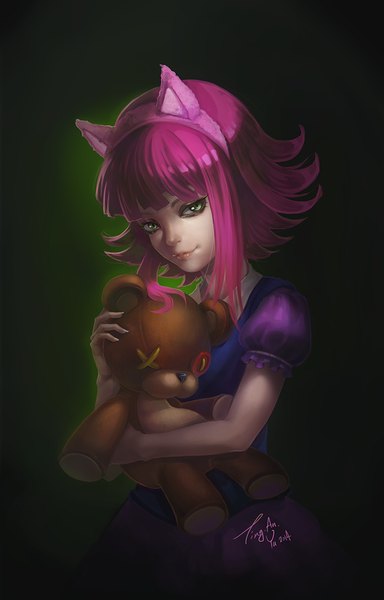 Anime picture 800x1250 with league of legends annie (league of legends) tibbers (league of legends) aang yu single tall image looking at viewer fringe short hair simple background green eyes signed animal ears pink hair puffy sleeves fake animal ears dark background 2014 girl dress
