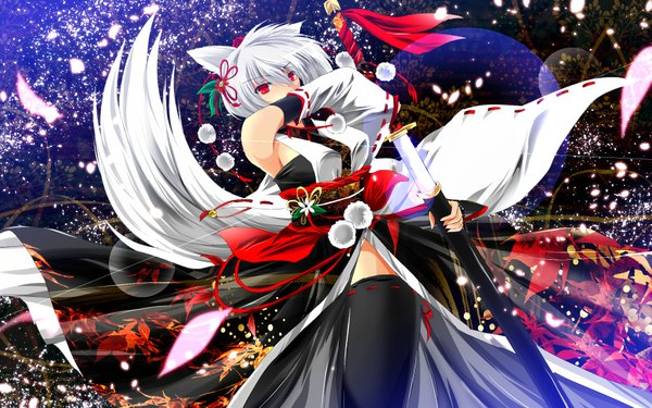 Anime picture 1920x1200 with touhou inubashiri momiji nekominase single looking at viewer highres short hair red eyes wide image bare shoulders animal ears tail traditional clothes animal tail wolf ears wolf tail kourindou tengu costume girl thighhighs weapon