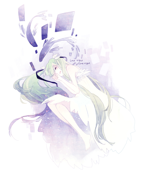 Anime picture 1000x1200 with vocaloid last night good night (vocaloid) hatsune miku kyang692 single tall image blush open mouth white background twintails lying very long hair nail polish barefoot green hair inscription tears sleeping girl dress