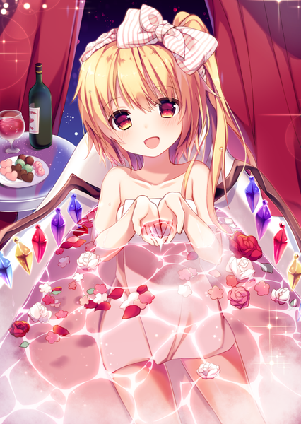 Anime picture 710x1000 with touhou flandre scarlet morinaga kobato single long hair tall image looking at viewer blush fringe short hair open mouth light erotic blonde hair hair between eyes red eyes sitting wet side ponytail happy asymmetrical hair