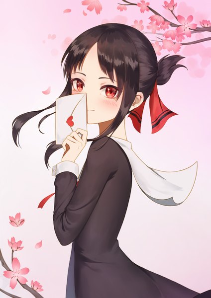 Anime picture 2480x3508 with kaguya-sama wa kokurasetai ~tensai-tachi no renai zunousen~ a-1 pictures shinomiya kaguya xiaoxiao nanjue buyaokeng single long hair tall image looking at viewer blush fringe highres black hair simple background smile red eyes standing holding payot looking back wind