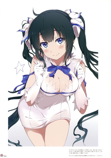 Anime picture 2470x3500 with dungeon ni deai wo motomeru no wa machigatteiru darou ka j.c. staff milky been! (ogipote) - 2015 charakcolle (artbook) hestia (danmachi) ogipote single long hair tall image looking at viewer blush highres breasts blue eyes light erotic black hair smile large breasts twintails cleavage very long hair