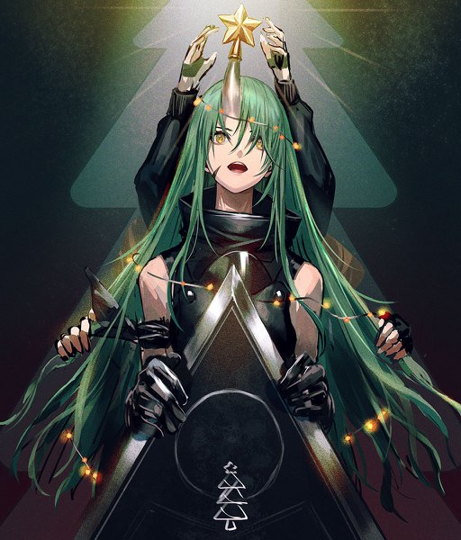 Anime picture 1024x1200 with arknights hoshiguma (arknights) infukun long hair tall image fringe open mouth bare shoulders yellow eyes horn (horns) green hair hair over one eye arms up christmas looking up solo focus oni horns girl gloves black gloves