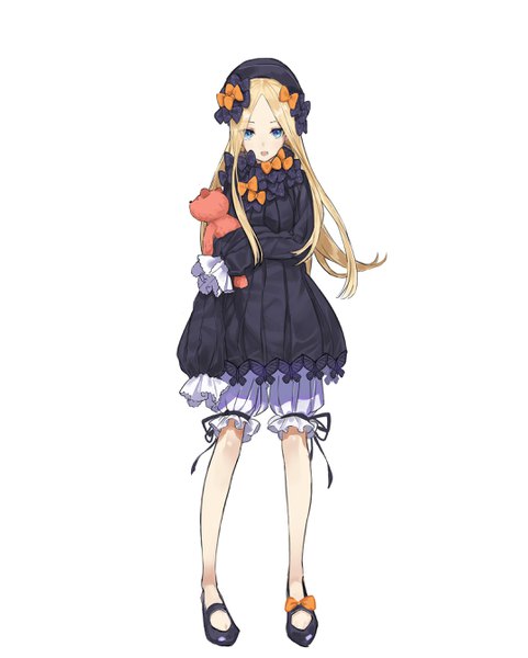 Anime picture 2153x2683 with fate (series) fate/grand order abigail williams (fate) teshima nari single long hair tall image looking at viewer fringe highres open mouth blue eyes simple background blonde hair standing white background holding full body hands in sleeves girl