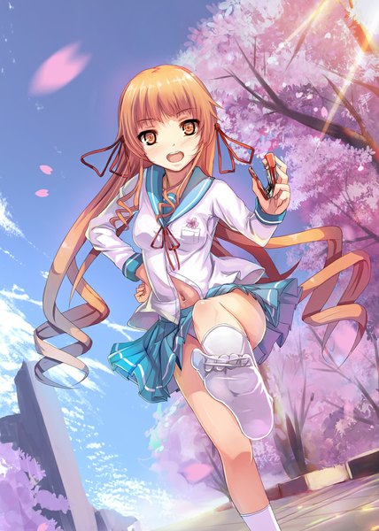 Anime picture 800x1120 with original musynexsk long hair tall image looking at viewer blush open mouth brown hair brown eyes sky cloud (clouds) legs cherry blossoms drill hair girl skirt navel plant (plants) petals tree (trees)