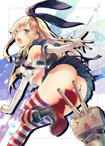 Anime picture 858x1200 with kantai collection shimakaze destroyer hirano katsuyuki long hair tall image blush open mouth light erotic blonde hair brown eyes ass girl thighhighs skirt bow weapon hair bow miniskirt shoes striped thighhighs