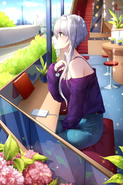 Anime picture 1000x1500 with original hm (wonhml) single long hair tall image blush fringe hair between eyes sitting bare shoulders holding green eyes payot looking away sky silver hair cloud (clouds) indoors long sleeves profile