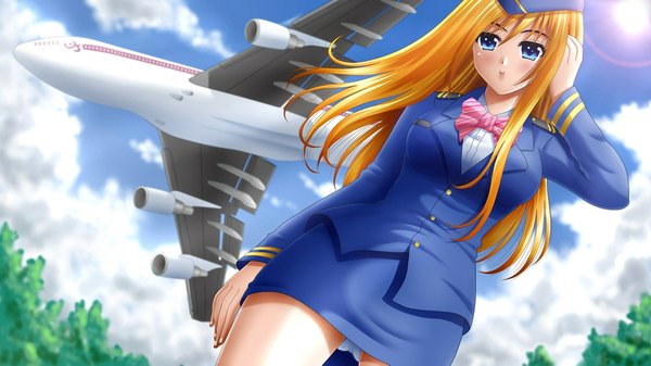 Anime picture 1920x1081 with original ilolamai single long hair blush highres blue eyes light erotic blonde hair wide image sky cloud (clouds) orange hair weightlessness girl uniform underwear panties bow plant (plants)