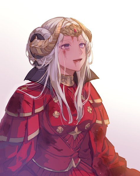 Anime picture 1622x2048 with fire emblem fire emblem: three houses nintendo edelgard von hresvelg nananfefksg single tall image short hair breasts open mouth simple background smile large breasts white background purple eyes upper body white hair horn (horns) hair bun (hair buns) gradient background