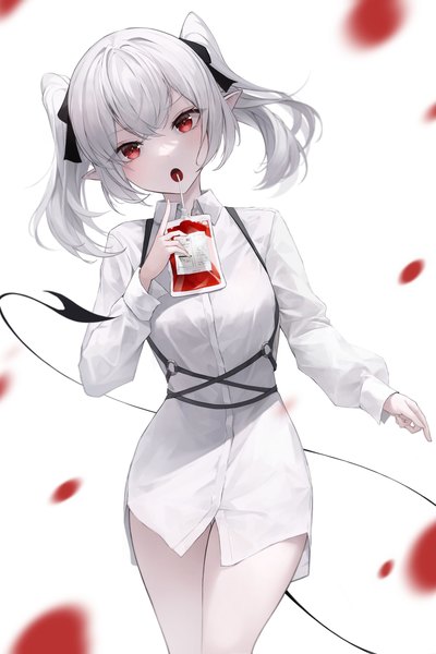 Anime picture 4000x6000 with original crystalherb single tall image looking at viewer fringe highres short hair open mouth simple background hair between eyes red eyes standing white background twintails holding payot absurdres silver hair tail