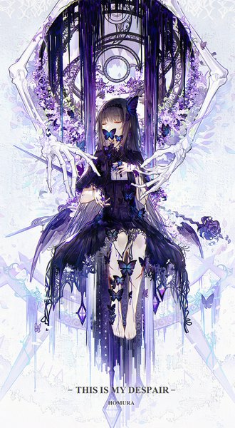 Anime picture 853x1550 with mahou shoujo madoka magica shaft (studio) akemi homura bai qi-qsr single long hair tall image fringe black hair sitting full body eyes closed nail polish barefoot character names turning head butterfly on hand bone (bones) girl dress