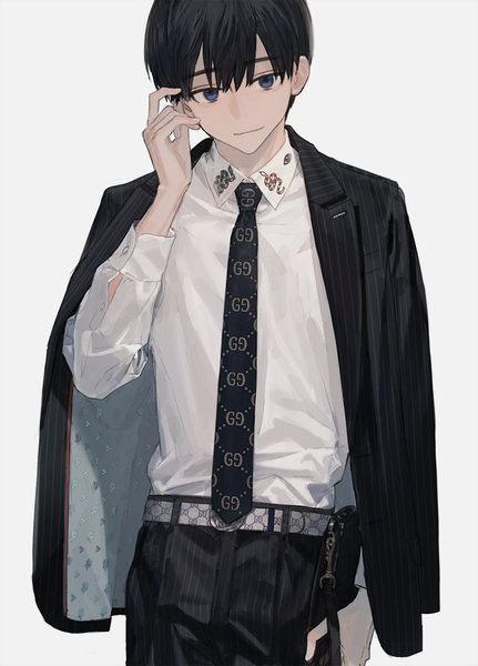Anime picture 700x973 with original gucci hirota tsuu single tall image looking at viewer fringe short hair blue eyes black hair simple background hair between eyes upper body clothes on shoulders fashion boy shirt necktie belt white shirt