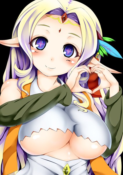 Anime picture 850x1202 with no game no life madhouse feel nilvalen yottan single long hair tall image blush breasts light erotic blonde hair simple background smile large breasts purple eyes purple hair pointy ears underboob black background elf