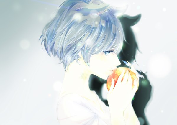 Anime picture 3507x2480 with original john-n single looking at viewer fringe highres short hair blue eyes holding animal ears blue hair absurdres upper body parted lips profile lips cat ears shadow cat girl gradient background