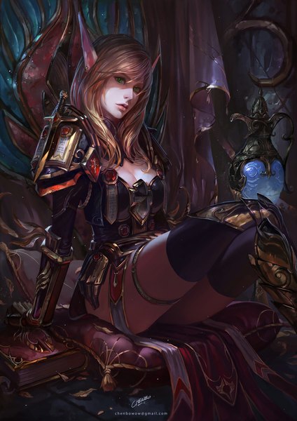 Anime picture 636x900 with chenbo single long hair tall image blue eyes light erotic brown hair sitting signed pointy ears realistic elf girl thighhighs weapon armor pillow curtains bottle