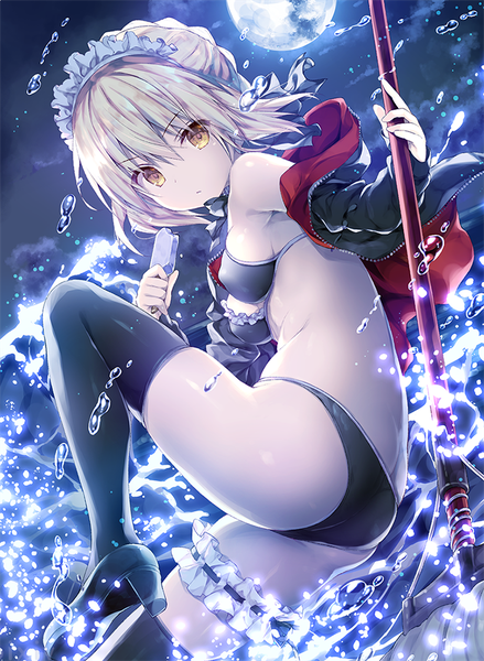 Anime picture 731x1000 with fate (series) fate/grand order artoria pendragon (all) artoria pendragon (alter swimsuit rider) (fate) konomi (kino konomi) single tall image looking at viewer fringe short hair breasts light erotic blonde hair hair between eyes standing holding yellow eyes cloud (clouds) ass outdoors
